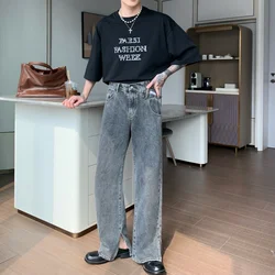 Moda Split Jeans dla mężczyzn koreański proste spodnie główna ulica spodnie jeansowe workowate spodnie w stylu Casual Streetwear Y2K odzież męska