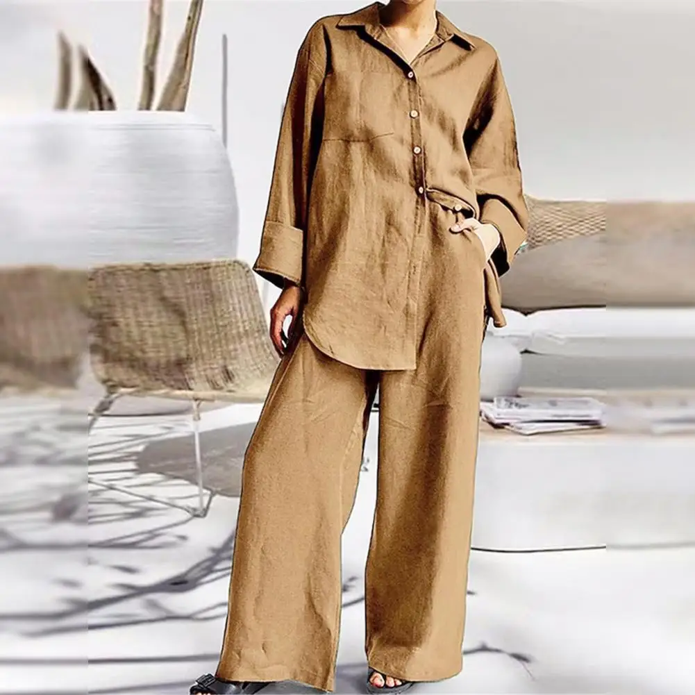 Casual Two-piece Suit Women's Homewear Set Solid Color Shirt Wide Leg Pants Turn-down Collar Top with Elastic Waist for Blouse