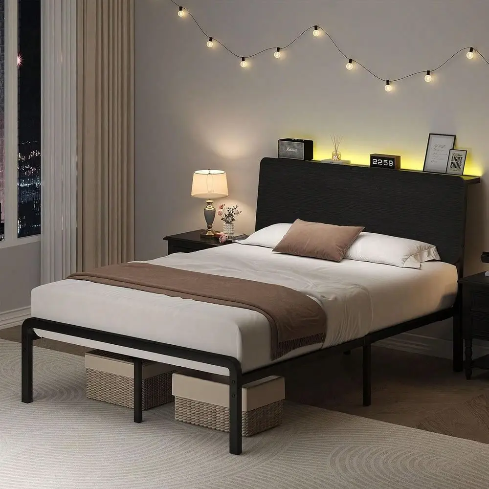 

Full Queen Bed Frame With LED Lights, Metal Bed Frame With Wooden Headboard Storage Shelf, Under Bed Storage, No Box Spring Req