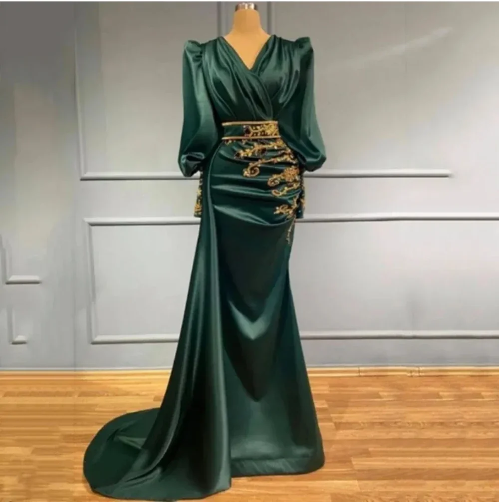 Vestidos de noite de cetim verde com renda dourada, mangas compridas, vestido de celebridades, Dubai, árabe, Abiye, vestidos formais de baile