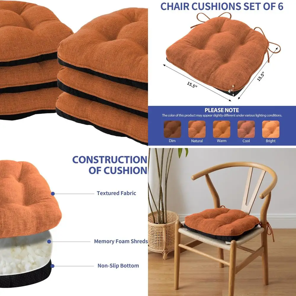 

Набор из 6 подушек для обеденных стульев, подушечки для кухонного сиденья с завязками, нескользящая подложка, тафтинговая пена с эффектом памяти, 15,5 x 15,5 x 4, ржавчины