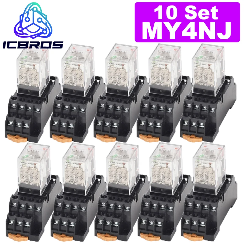 

10set MY4NJ HH54PL AC/DC 12V 24V 36V 48V 110V 220V 380V Coil 4NO 4NC Green LED Indicator Power Relay DIN Rail 14 Pin Base