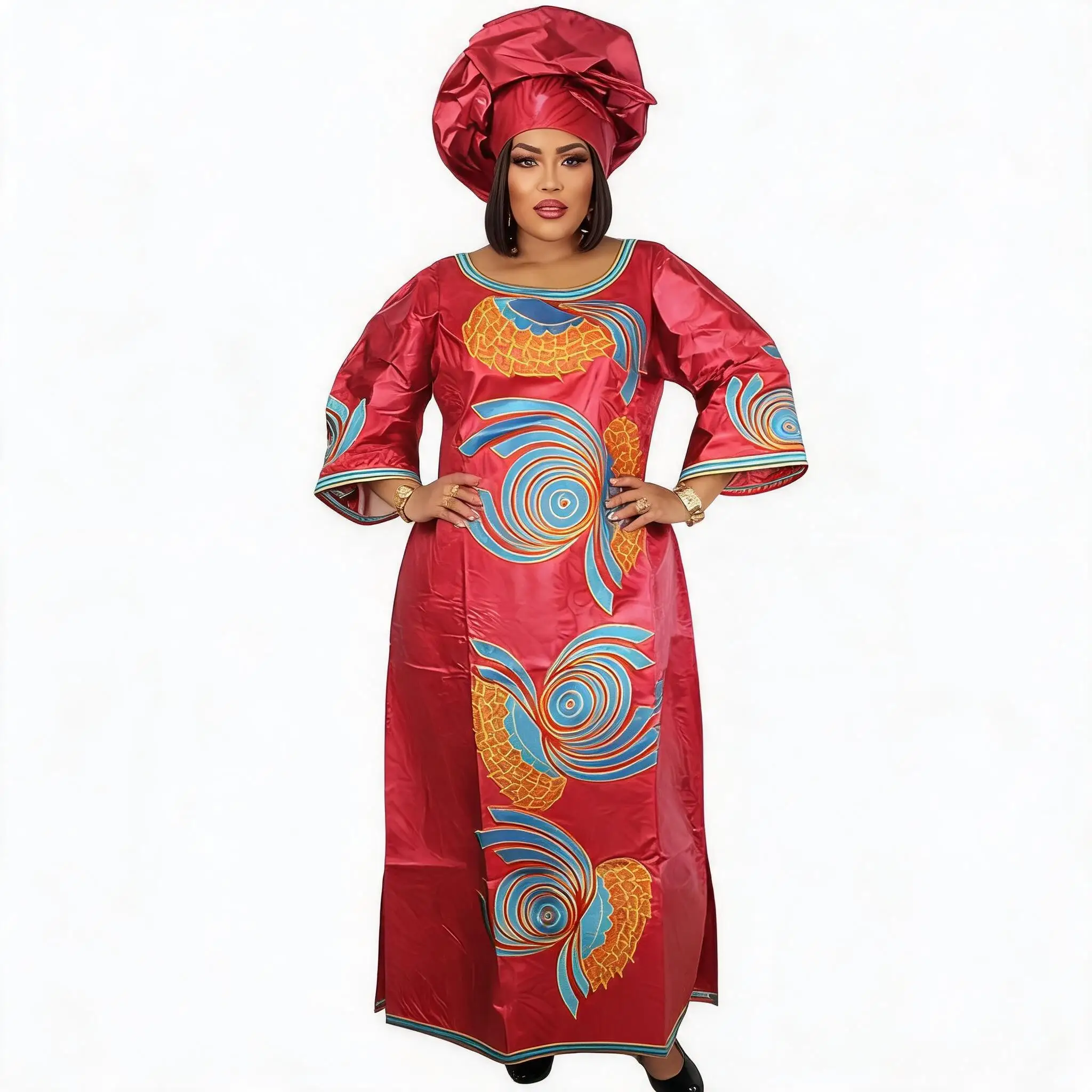 African Dresses For Women Plus Size Bazin Riche Embroidery Design Long Dress With Scarf