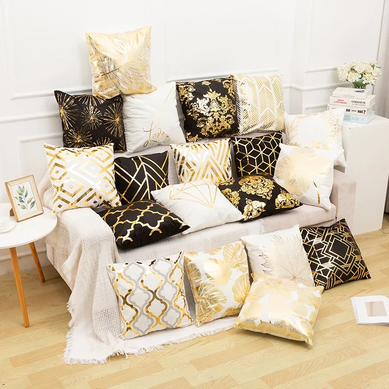 

European Classical Black Gold White Pillowcase Bronzing Throw Pillow Cover Sofa Cushion Cover for Living Room Bedroom Home Decor