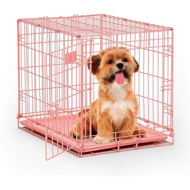 

24-Inch Pink Fashion iCrate Single Door Folding Dog Crate, Enhanced Security, Includes Leak-Proof Pan, Di ider Panel, Handle, Ru