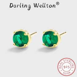 NEW Fashion 18K Gold Emerald Round Full Diamond Stud Earring For Women Green Geometric Original Sterling Silve Valentine Jewelry