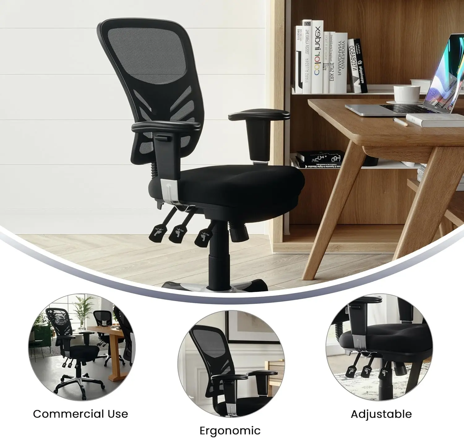 Silla de oficina ergonómica giratoria ejecutiva multifunción de malla negra con respaldo medio y brazos ajustables