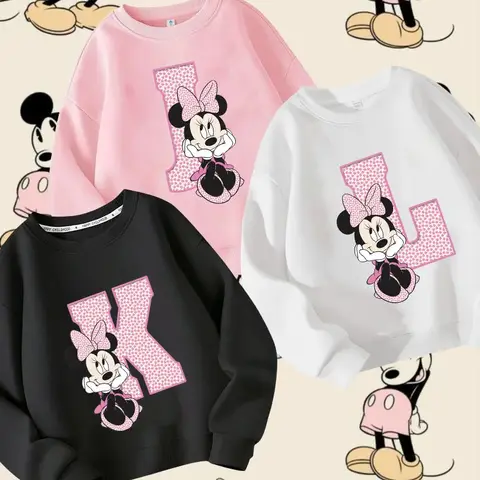 미키 미니 키즈 크루넥 후디, 개성 있는 글자 만화 프린트, 캐주얼 상의, 소년 소녀, 카와이, 가을, 겨울, 긴 소매