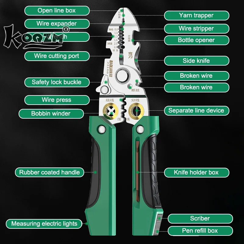 Wielofunkcyjne narzędzie do ściągania izolacji z przewodów z piórem testowym elektrycznym, obcinakiem do kabli, zaciskarką i testerem.