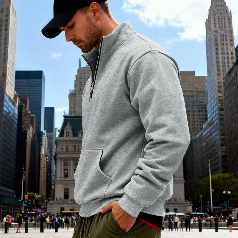Grenzübergreifender Herbst- und Winter-Samt-Pullover für Herren, locker geschnitten, im Retro-Stil, lässig, mit Stehkragen, halbem Reißverschluss und Taschen für Pendler. – Detail 31