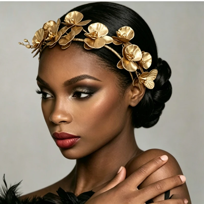 Gold Orchid Flower Headband Bridal Wedding Hair Crown Matte Golden Butterfly Orchid Hair Hoop for Bride Photoshoot Evening Party