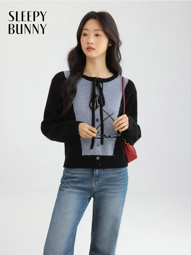 

Stylish Color Block Cardigan Slim Fit Knit Sweater Top Bow Tie Design Women Autumn Winter Casual Elastic Long Sleeve Outerwear