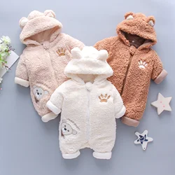 Baby Winter Thick Romper Solid Cotton Warm Long Sleeve Boy Girl Jumpsuit Clothes 0-24M Newborn Bear Fleece Hooded Pyjamas