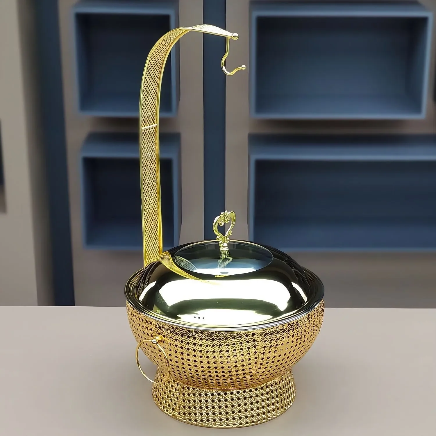 8-Quart Gold Hot Pot with Lid and Vertical Stainless Steel Hot Pot Buffet Server Warmer Set with Movable Hanging Cover