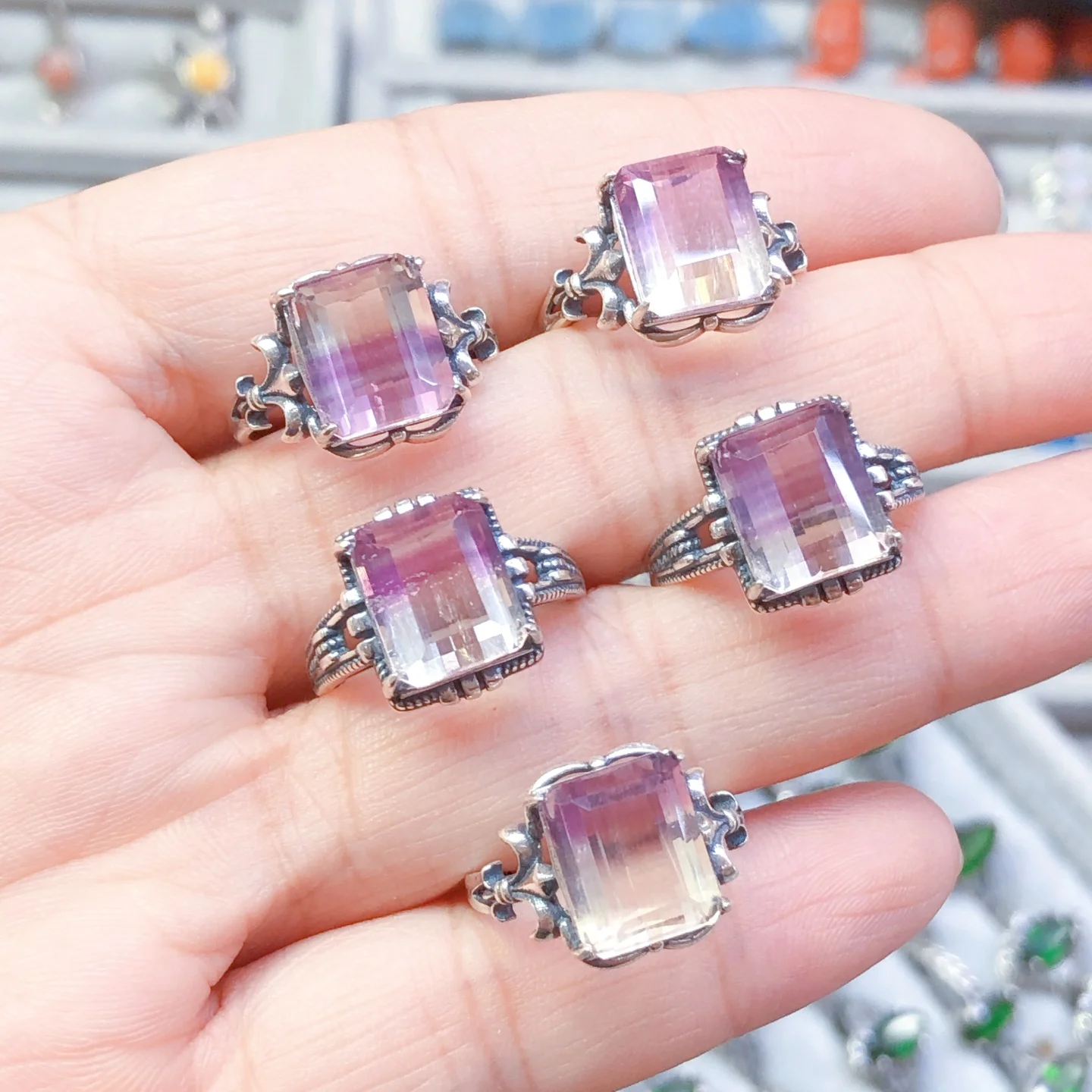 

1 Pc Fengbaowu Natural Colorful Fluorite Square Ring 9x11MM Rectangle 925 Sterling Silver Fashion Jewelry Gift For Women