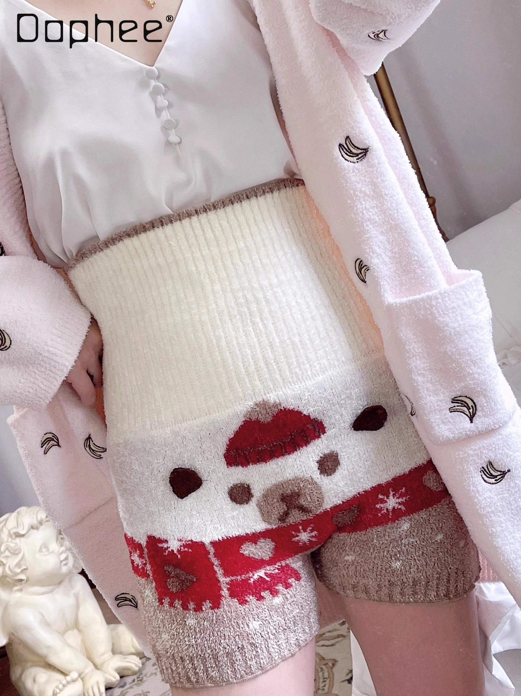 

Women's High Waist Mink Fluffy Sleep Shorts Warm Uterus Cartoon Soft Sleep Bottoms Japanese Cute 2024 Winter Sleepwear