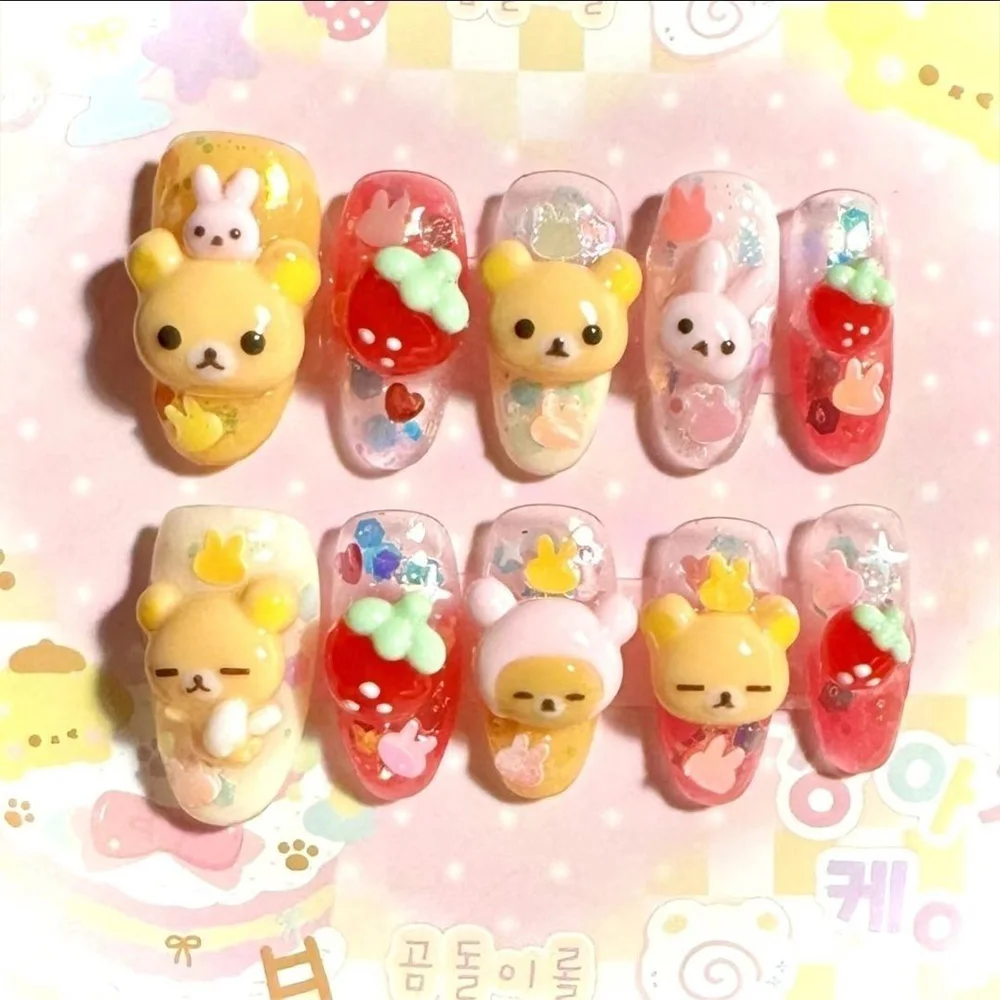 Niedliche Retro Japanische Rilakkuma Rosa Kaninchen Mandel Künstliche Nägel 3D Schleife Stern Katzenpfote Erdbeere Aufklebenägel Handaccessoires – Detail 13