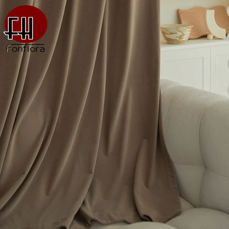 

Brown Blackout Bedroom Curtains High Quality Waterfall Drapes For Living Room Light Luxury Woolen Fleece Fabric Custom Size