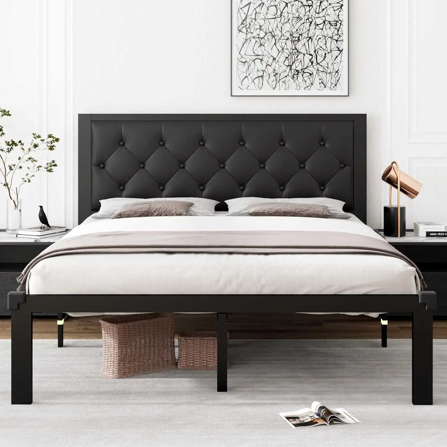 Queen metalen bedframe, kunstleer platformbedframe met getufte hoofdeinde met knopen, 30 cm ruimte, stalen latten Sup