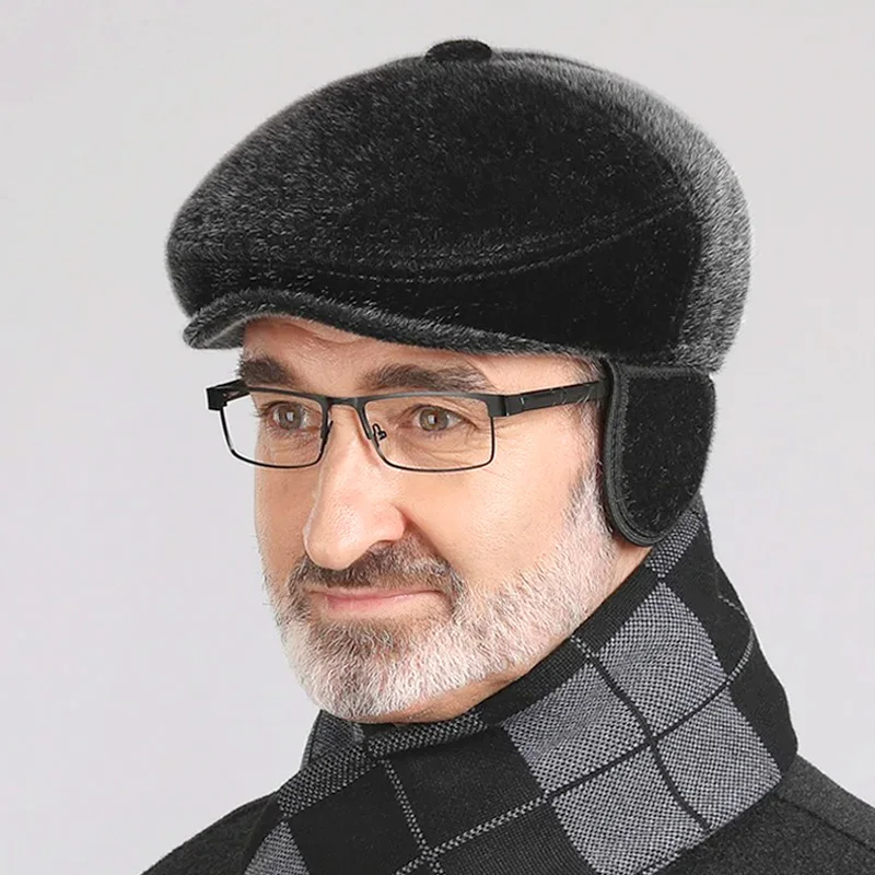 Winter Beret Cap For Men Faux Fur Driving Men\'s Newsboy Cap With Earflaps Beret Dad Hat For Elderly Flat Visor Winter Warm Hats