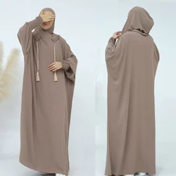 Women Tassel Abayas Muslim Ramadan Prayer Clothing With Hooded Jalaba Solid Casual Batwing Sleeve Arab Oriental Robe Eid Djellab