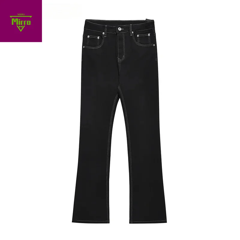 【Mirrordust】 Jeans svasati con decorazione a nastro Pantaloni da uomo a gamba dritta in tinta unita lavati da strada