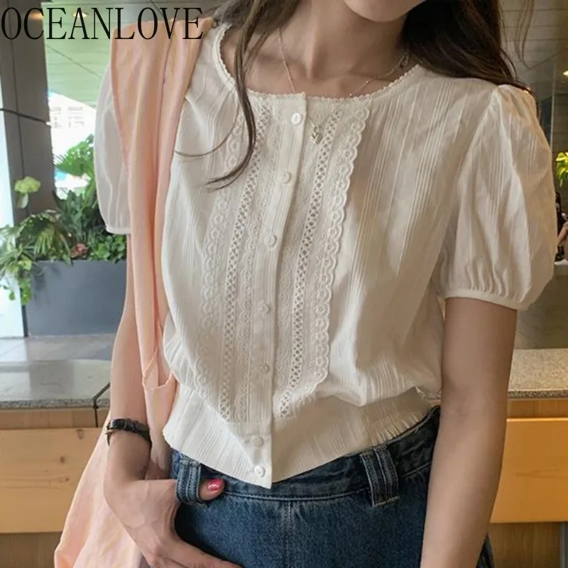 

OCEANLOVE Puff Sleeve Women Shirts&blouses Solid Lace Patchwork Sweet Chic Blusas Mujer Korean Fashion Spring Summer Camisas