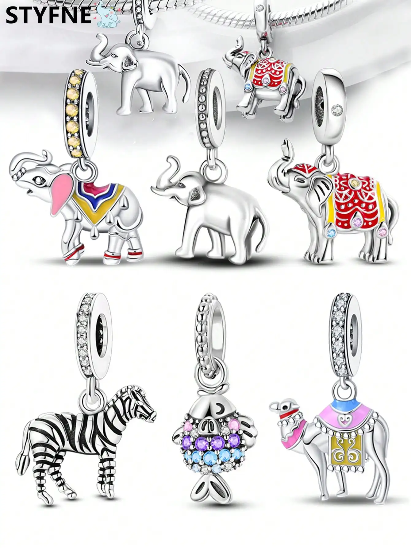 925er Silber vergoldete Original-Charms, farbige Elefantenperlen, passend für Armbänder, Damenschmuck, Geschenk