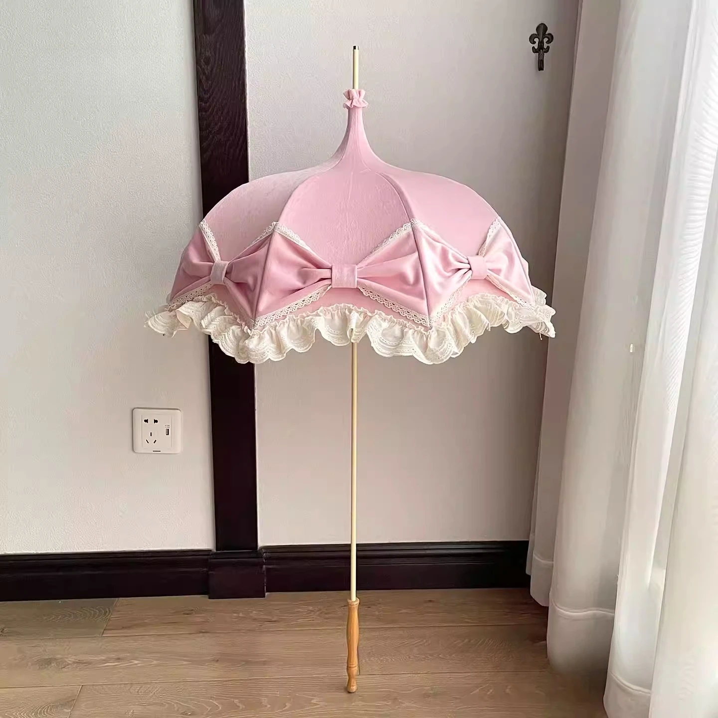 Vintage Pink Lace Bow Pagoda Antique Umbrella Wedding Photography Prop Umbrella