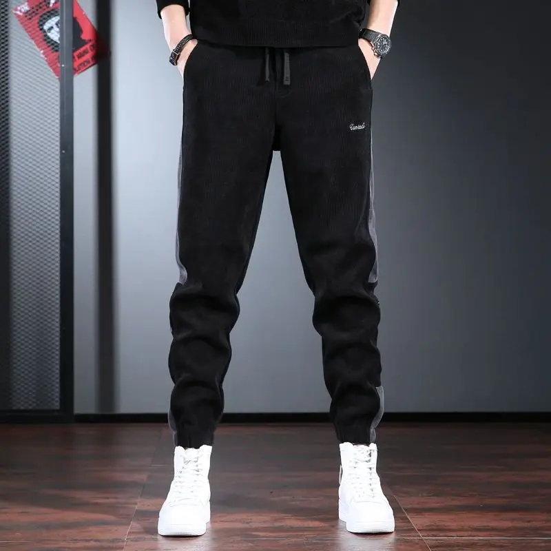 Harem Corduroy Sweatpants for Men Track Korean Style Plain Trousers Tracksuit Bottoms Fashion Elastic Flated L Male Sweat Pants