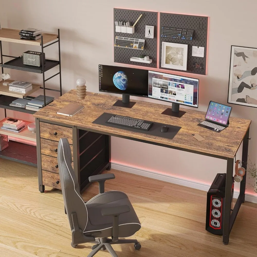 مكتب كمبيوتر بأدراج من القماش مقاس 55 بوصة - مكتب كتابة طويل للدراسة للمكتب المنزلي وغرفة النوم، تصميم بسيط قابل للعكس، مثالي للعمل #2