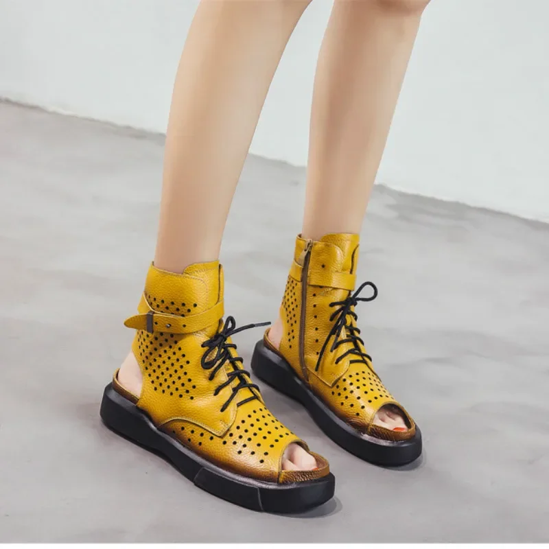 BEYARNE Fashion Ladies Sandals Hollow Out Gladiator Sandals Women Flats Open Toe Genuine Leather Summer Cool Boots