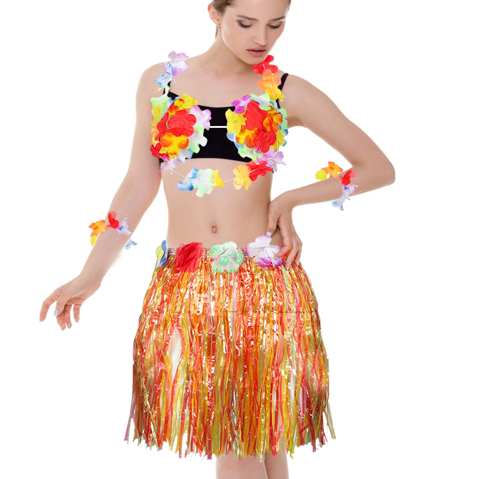 6 قطعة هاواي الاستوائية حولا العشب تنورة مجموعة لمهرجان حفلة الزي مع اكسسوارات الأزهار 40 سنتيمتر الأخضر هاواي العشب تنورة