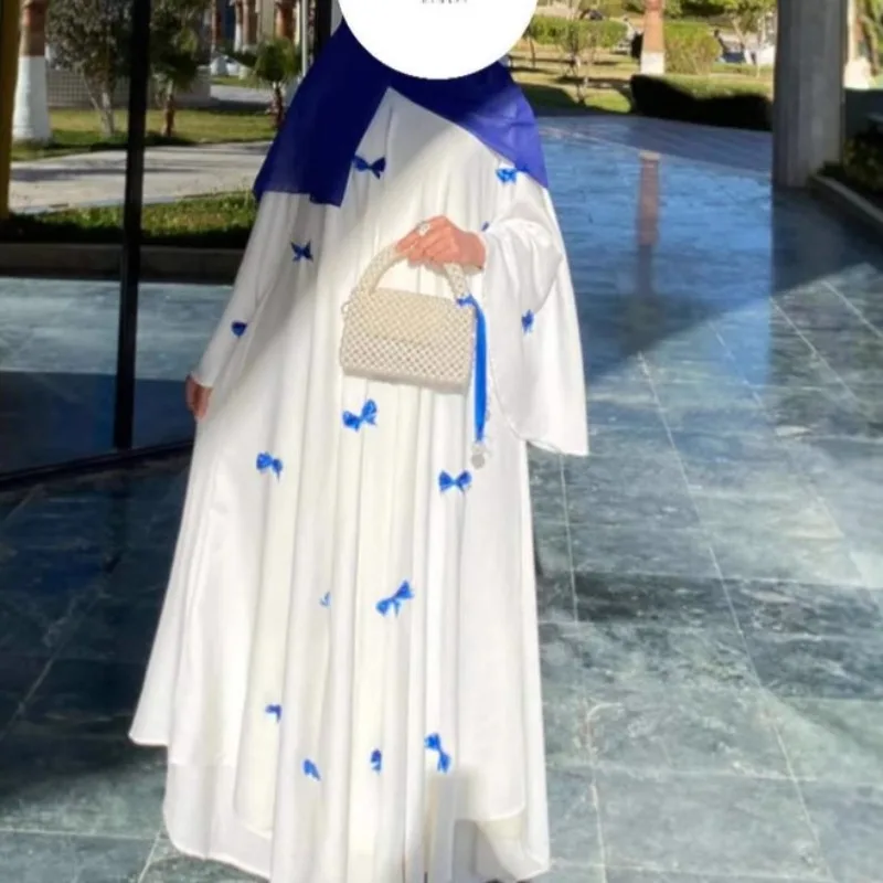 

Chiffon Muslim Women Long Maxi Dress Elegant Solid O Neck Coat Long Flare Sleeve 2025 Summer Bowknot Streetwear Casual Vestidos