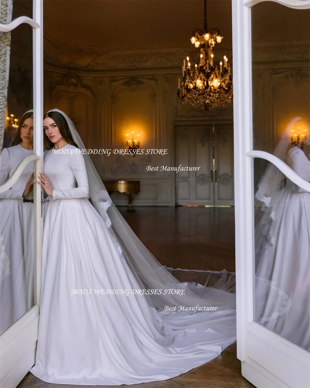 MODX Modest Satin A Line Wedding DressesPuff Long Sleeves O-Neck Floor Length Bridal Gowns Country Robe de mariage