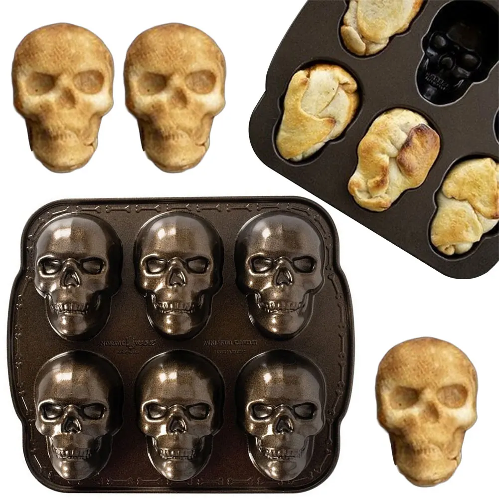 Halloween Skull Cake Pan Molds 6 Cavity Skeleton Chocolate Molds Non-Stick Candy Maker Stainless Steel for Home Kitchen