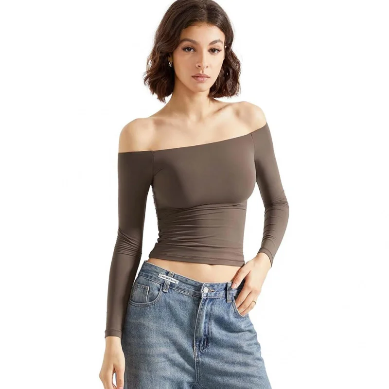 

Women's Off-Shoulder Long Sleeve Crop Top European American Style Autumn Shirt One-Shoulder Design Casual Fashion