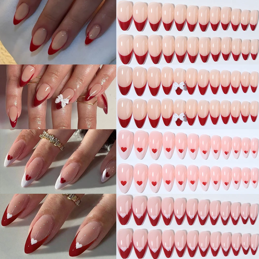 96 pezzi (quattro stili) Punte per unghie francesi con fiocco di mandorle, set perfetto per unghie finte, incluso: 1 pezzo di colla gelatinosa e 1 lima per unghie, San Valentino