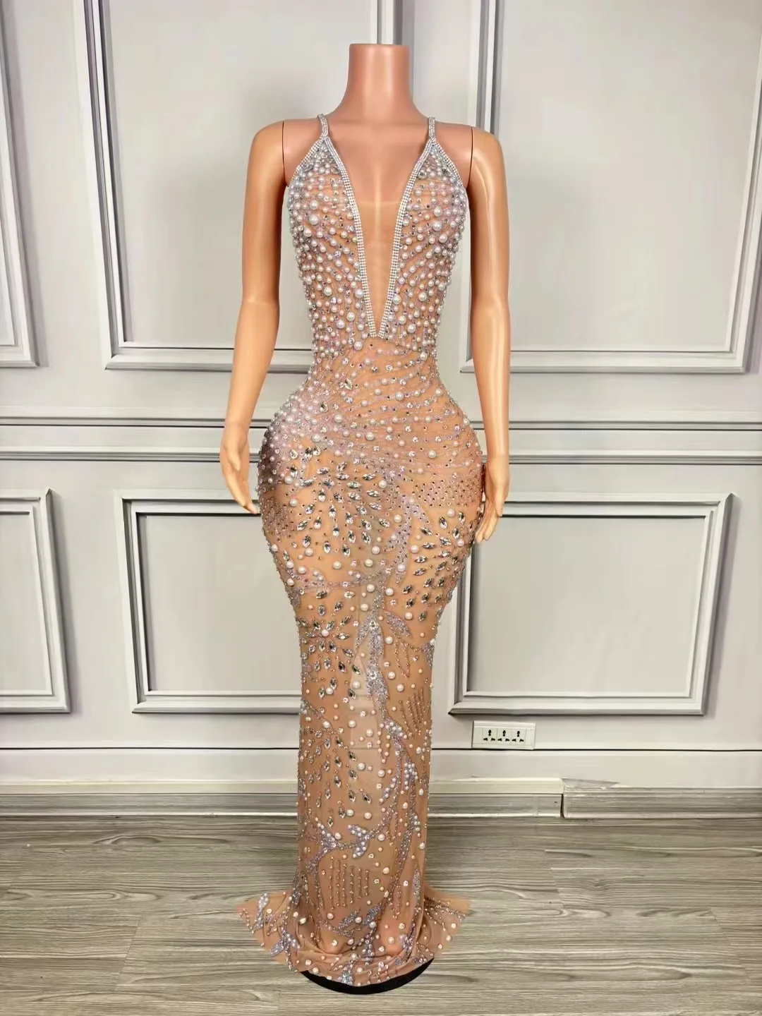 

Women Luxury Rhinestone Pearl Sexy Mesh Transparent Dress Sparkling Club Stage Performance Costume Elegant Evening Party Dresses