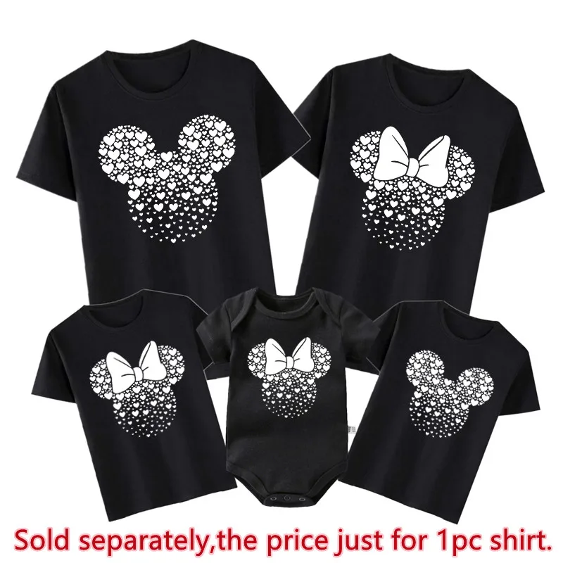 Disney Mickey Minnie Mouse Head Print Family Matching Outfits Daddy Mom Kids Tshirt Baby Bodysuits Cotton Family Look Clothes