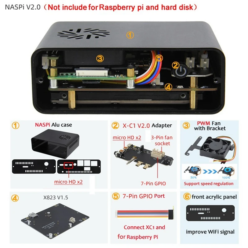 Naspi Kit+Metal Case+X823 Expansion Board+X-C1 Board+PWM Fan For Raspberry Pie SATA HDD/SSD Hard Disk NAS Storage Server