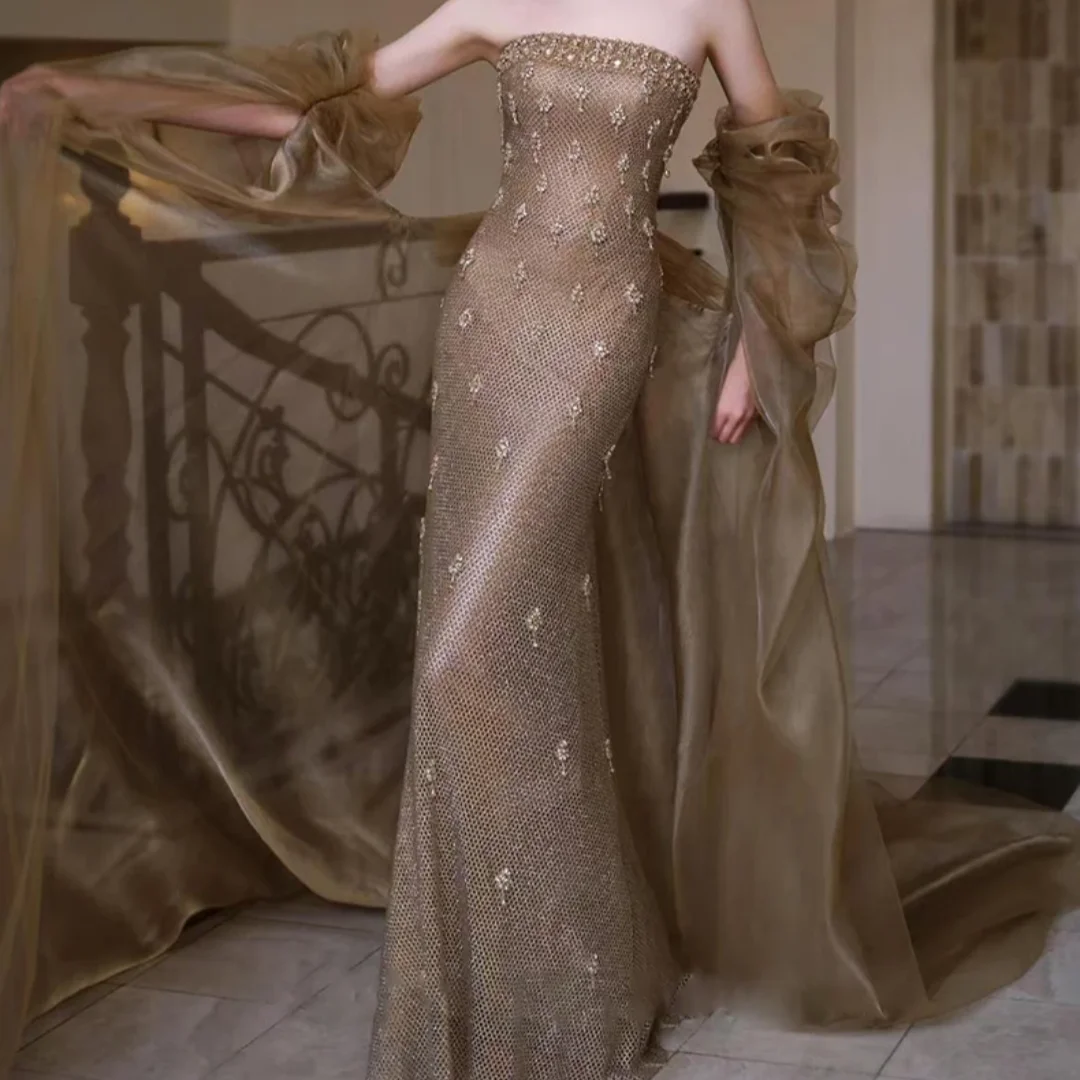 

Новые золотые вечерние платья без бретелек, блестящие и тяжелые платья для тостов, платья для дня рождения, выпускного вечера по индивидуальному заказу