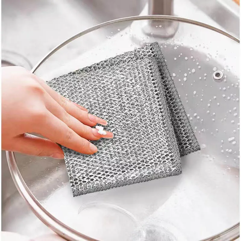 1-20pcs Thickened Steel Wire Cleaning Cloth Non-Scratch Double-layer Iron Microfiber Mesh Dishrag Washing Pot Rags Kitchen Towel