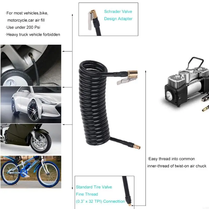 L1EE Heavy Duty Coiled Air Hose Polyurethane Air Compressor Coil Hose Stretch 3 Meters Length Fitting for Industrial Black