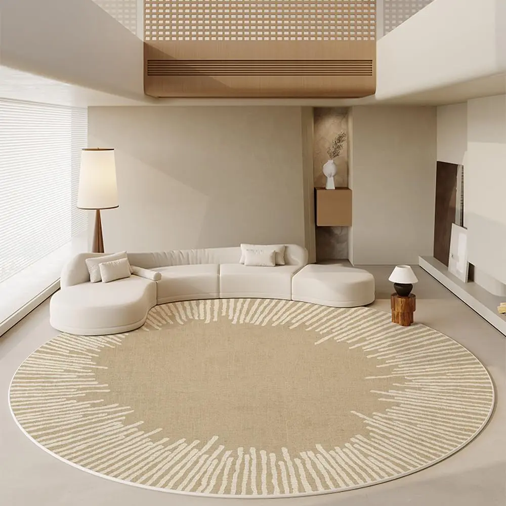 Neutral Linen Texture Round Rug Beige White Radiating Strokes for Contemporary Space