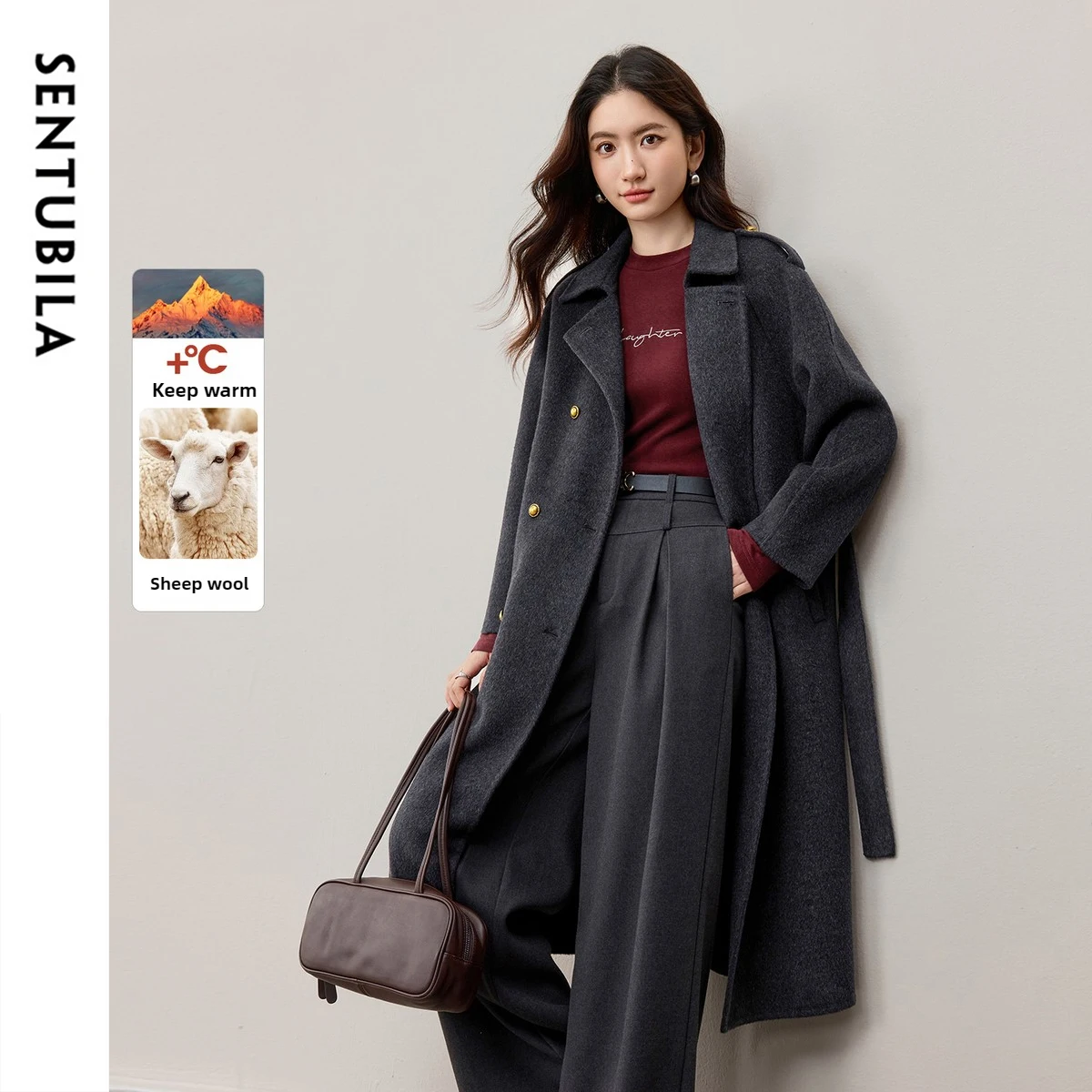 

SENTUBILA Women's Woolen Long Coats Ladies Tie Belt Gray Overcoat Pockets 2025 Winter Double Side Wool Outerwear Woman W54OC2669
