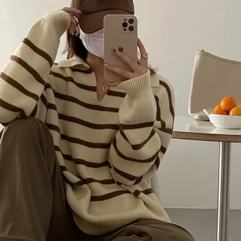 High Collar Sweater Women's Stripe Autumn Winter New Classic Casual Knit Pullover Fashion Student Harajuku Soft Fashion Pullover