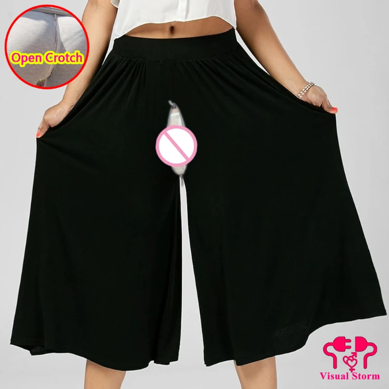 5XL Fake Dress Open Crotch Leggings Women Double Hidden Zippers Invisible Loose High Rise Sexy Wide Leg Pants Crotchless Panties