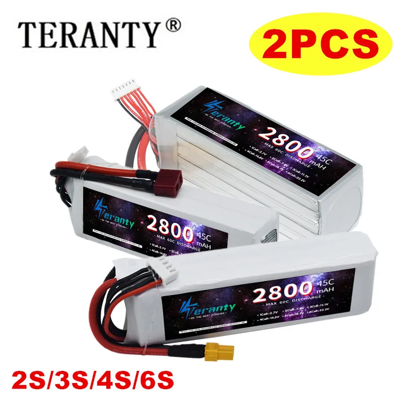 TERANTY 2S 3S 4S 6S 2800MAH batería Lipo para Drone Quadcopter barco RC coche 7,4 V 11,1 V 14,8 V 22,2 V 45C batería 2 uds