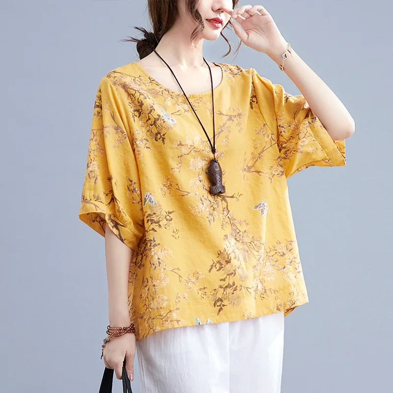 Cotton and Linen Large Size Summer Women Round Neck Vintage Loose Printing Pure Cotton Short Sleeved Casual Pure Cotton T-shirt